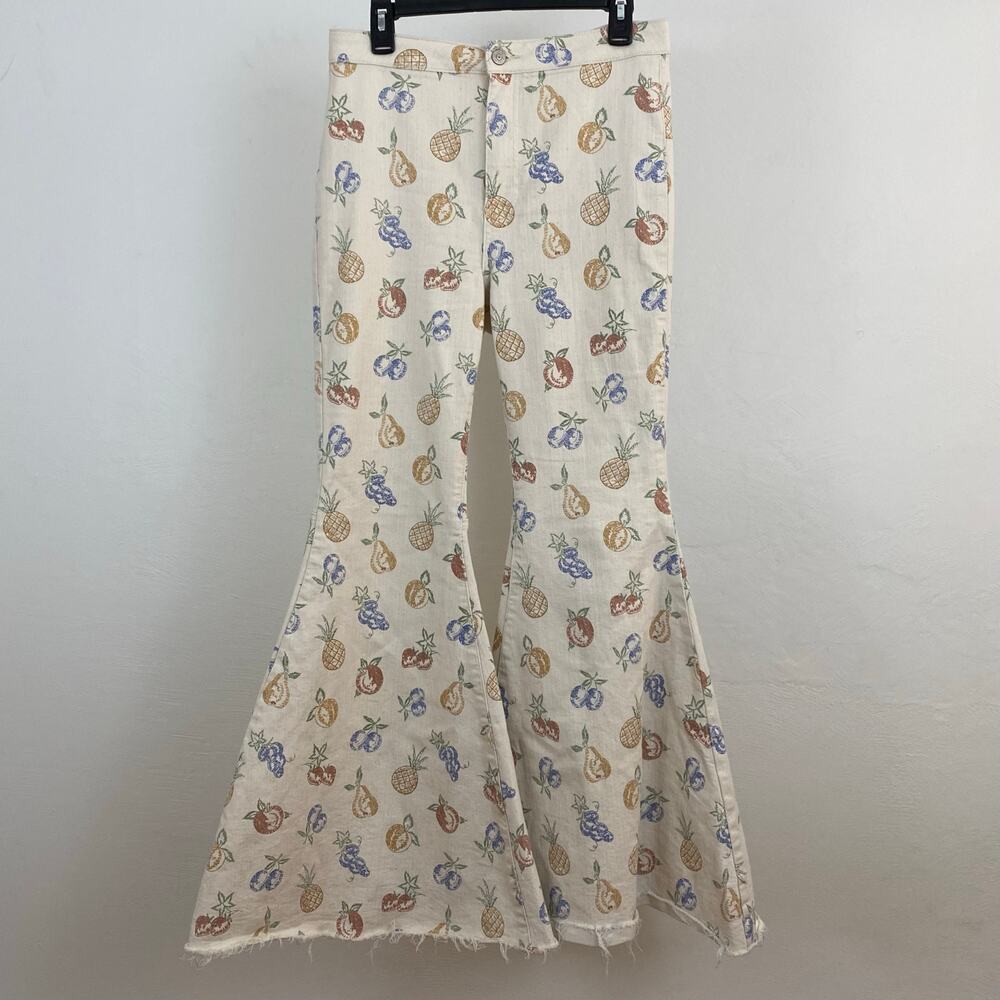 Free People Cream Flared Jeans with Multicolor Fruit Print